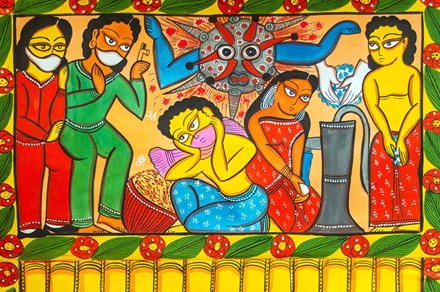 Vibrantly colored painting, showing a large anthropomorphized coronavirus looming over people who are washing their hands and wearing masks.