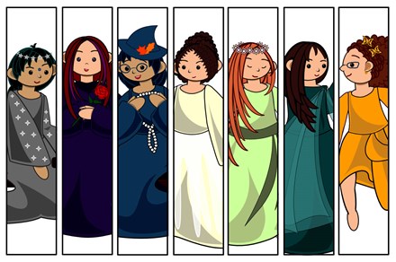 Digital illustration in cartoon-style of seven women dressed in different colors and ornaments: gray with a sparkly star tiara; purple with a rose; blue with autumn leaves in her hat; cream with white lace; green with a flower crown; jade green with a shawl; and golden yellow with butterfly hairclips. 