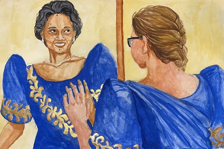 Illustration of a light-skinned young woman wearing a bright blue dress with gold embroidery and tall pointed sleeves, looking into a mirror toward a brown-skinned elder woman wearing the same dress.
