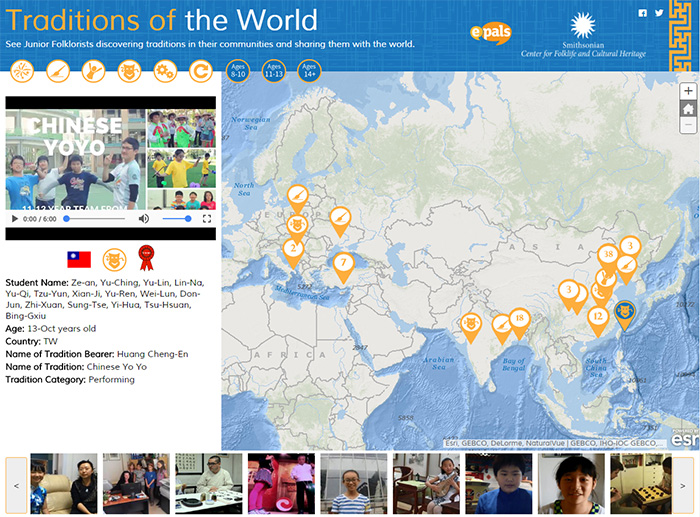 Interactive map showing entries from the 2015 Global Folklorist Challenge. Screenshot from challenges.epals.com
