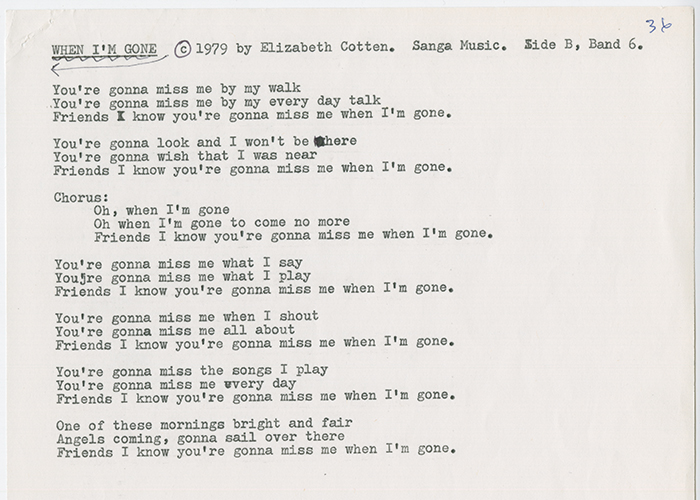 Page 38 of 39. FA 3537, Elizabeth Cotten, Volume 3: When I'm Gone, c. 1979
