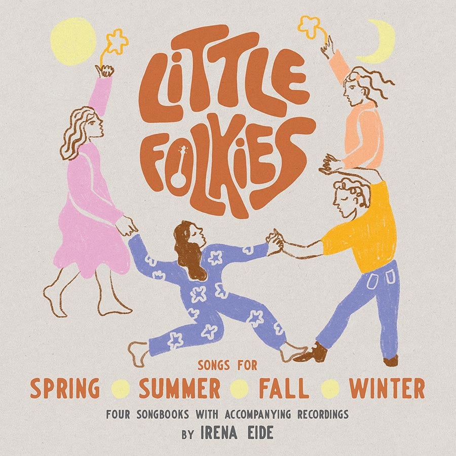 Album cover with bubbly text: Little Folkies. Songs for Spring, Summer, Fall, Winter. Pastel illustration of people dancing in a circle.